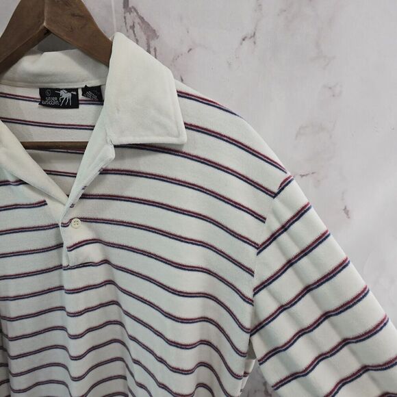 Vintage Sweatshirt Mens Large White Striped Velour 70s 80s Rugby Polo Pullover - Picture 10 of 11